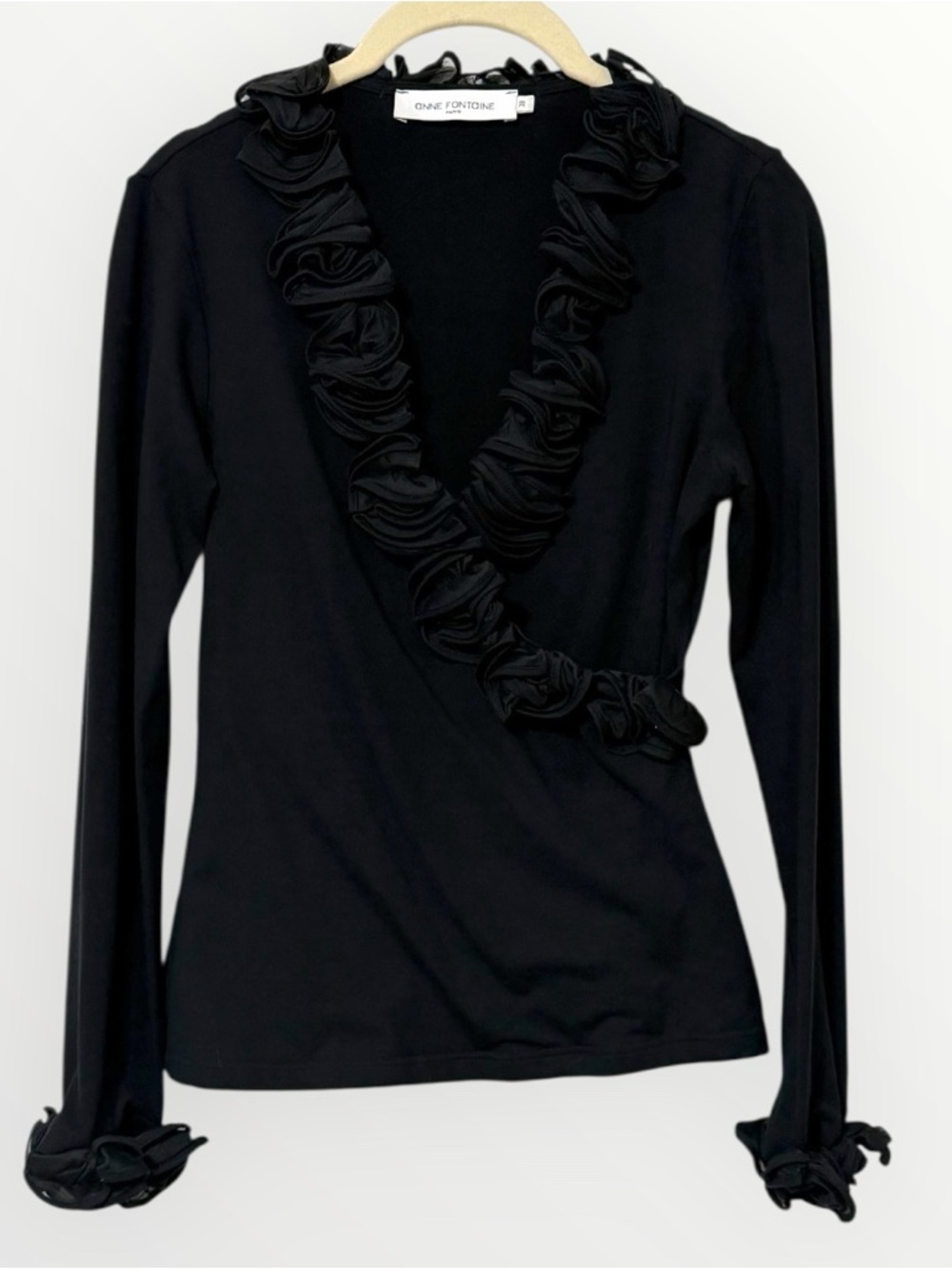 Anne Fontaine Black Ruffle Long Sleeve Wrap Top Women’s EU 38 US 4/6 Small Shirt